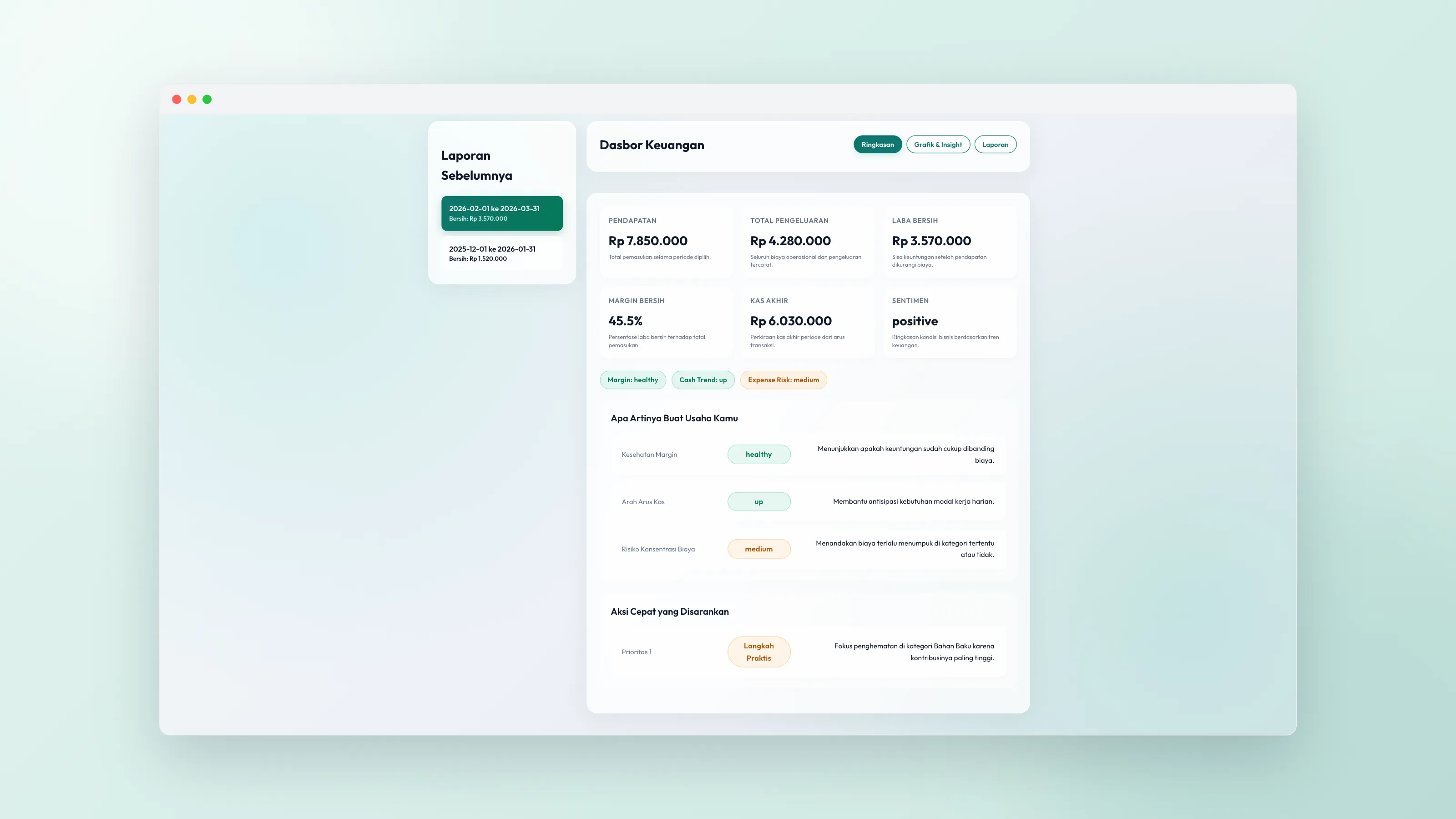 The report agent's financial dashboard